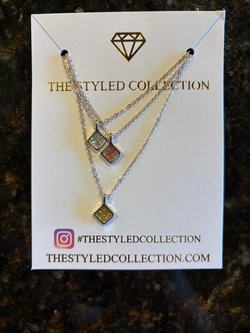 Layered Square Pendant Necklace Set - Silver with Gold, Rose, and Silver Glitter